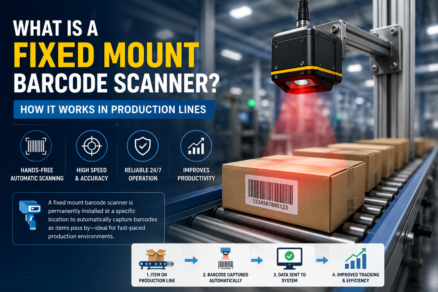 Fixed mount barcode scanner in production line