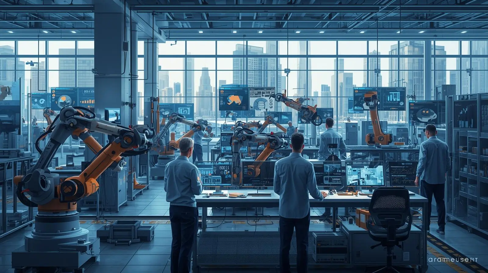 UAE's National AI Strategy And What It Means For Industrial Machine Vision Adoption Industrial camera inspection system with Dubai skyline